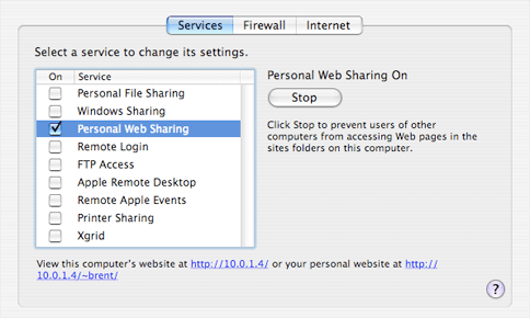 Sharing Preferences Screenshot Showing Personal Web Sharing checkbox being checked